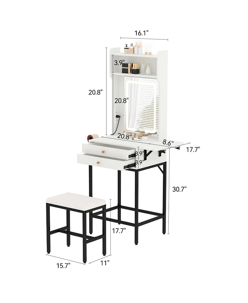 Homfan vanity desk with Led mirror, touch dimming, 3 color modes, power outlet, 2 drawers, 2 shelves, and padded stool.