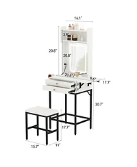 Homfan vanity desk with Led mirror, touch dimming, 3 color modes, power outlet, 2 drawers, 2 shelves, and padded stool.