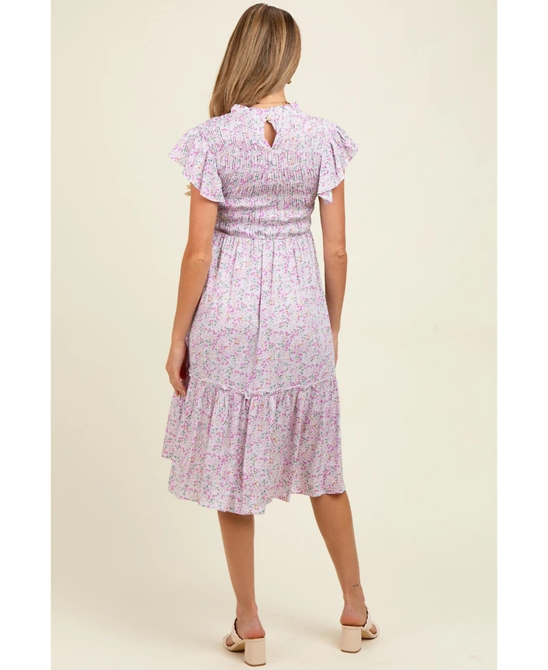 Pinkblush Maternity Pink Floral Mock Neck Smocked Ruffe Sleeve Midi Dress