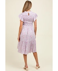 Pinkblush Maternity Pink Floral Mock Neck Smocked Ruffe Sleeve Midi Dress