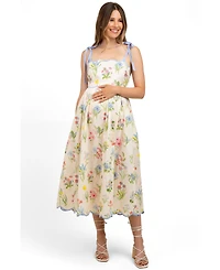 Pinkblush Maternity Cream Floral Shoulder Tie Scallop Trim Midi Dress