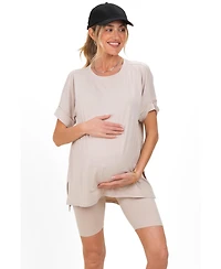 Pinkblush Maternity Sand Beige Hi-Low Short Sleeve Tee Biker Set