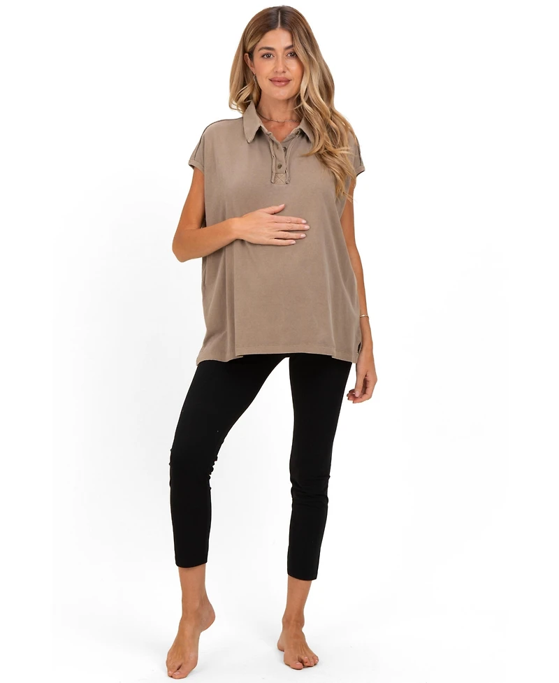 Pinkblush Maternity Mocha Pigment Dye Sleeveless Polo Oversized Top