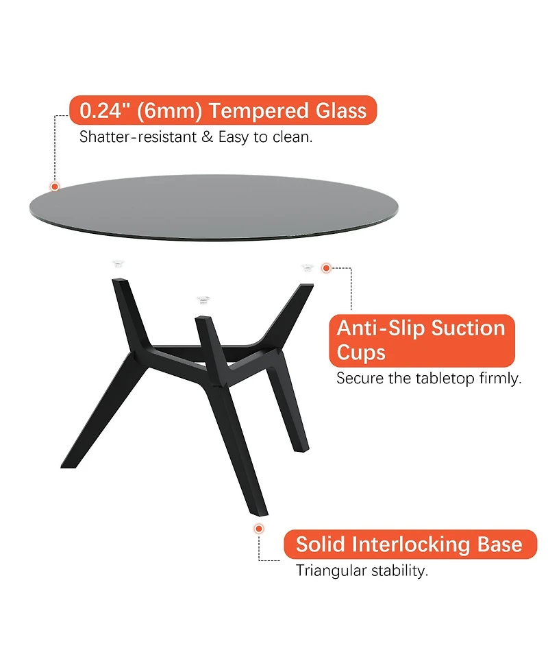 Vlsrka Minimalist Round Coffee Table with Tempered Glass and Geometric Legs