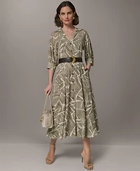 Donna Karan New York Women's Printed Collared Shirtdress with Faux Leather Belt