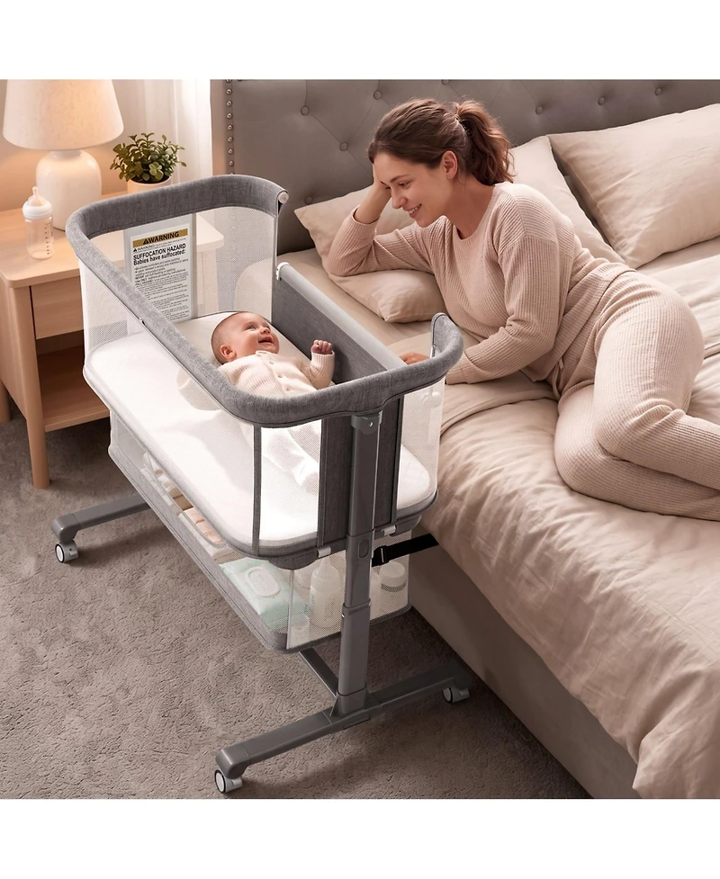 Kinder King Baby 3-in-1 Bassinet Bedside Sleeper with Adjustable Height, Mosquito Net and Wheels