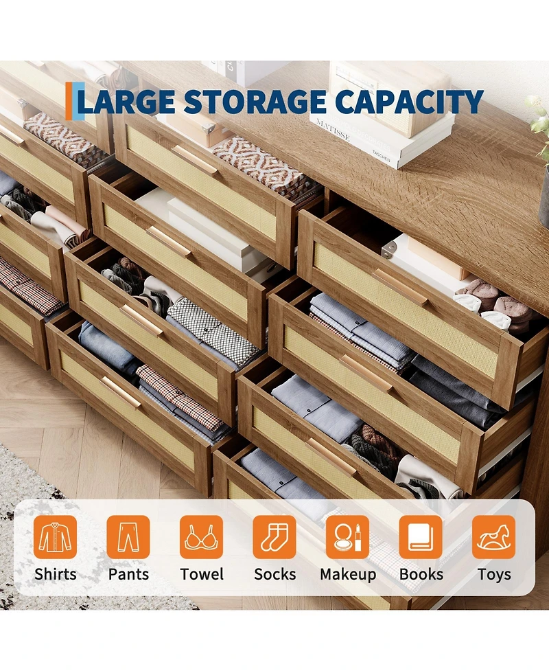 homfan 12-Drawer Rattan Dresser, Modern Chest of Drawers with Panels, Storage Organizer for Bedroom Nursery Entryway Living Room