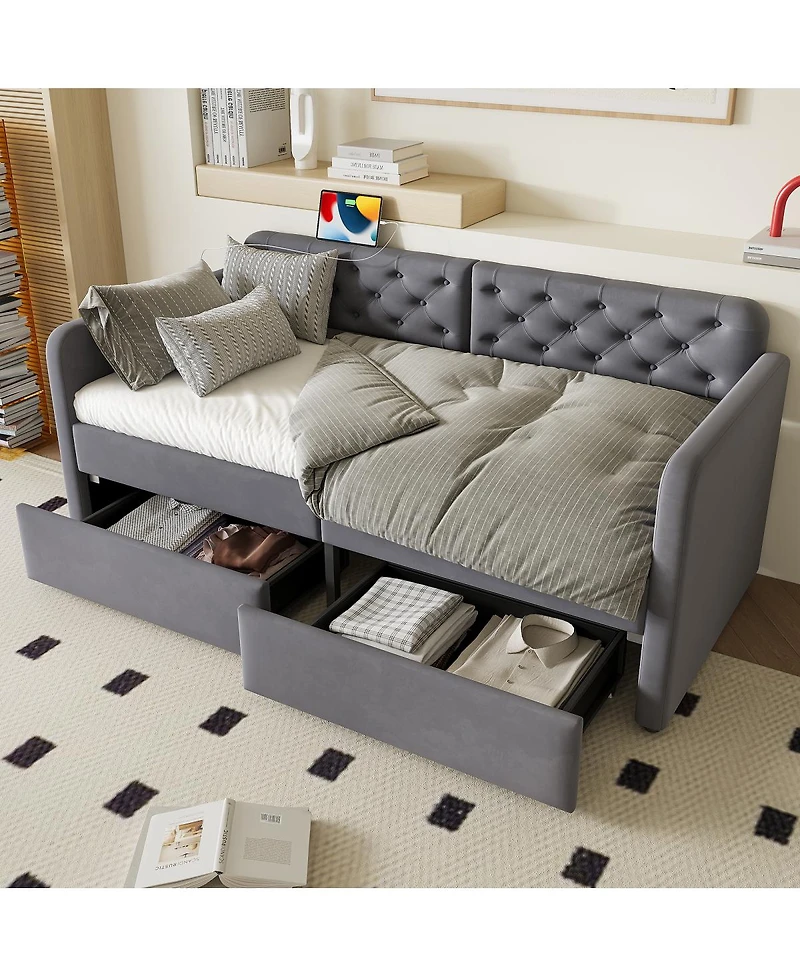 Streamdale Furniture Velvet Twin Daybed with 2 Drawers and Usb Charging
