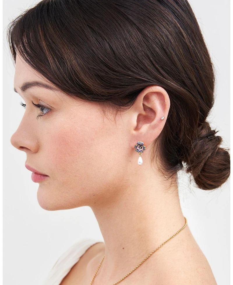 Fable England Gold Pansy and Pearl Drop Stud Earrings