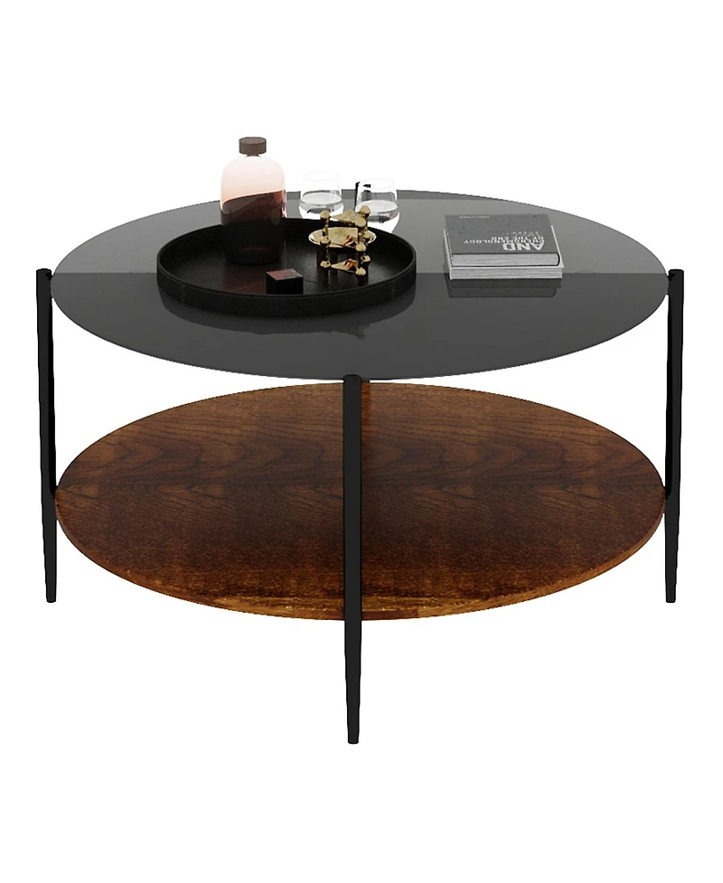 Streamdale Furniture Mid-Century Modern Round Glass Coffee Table with Storage Shelf, 32.28
