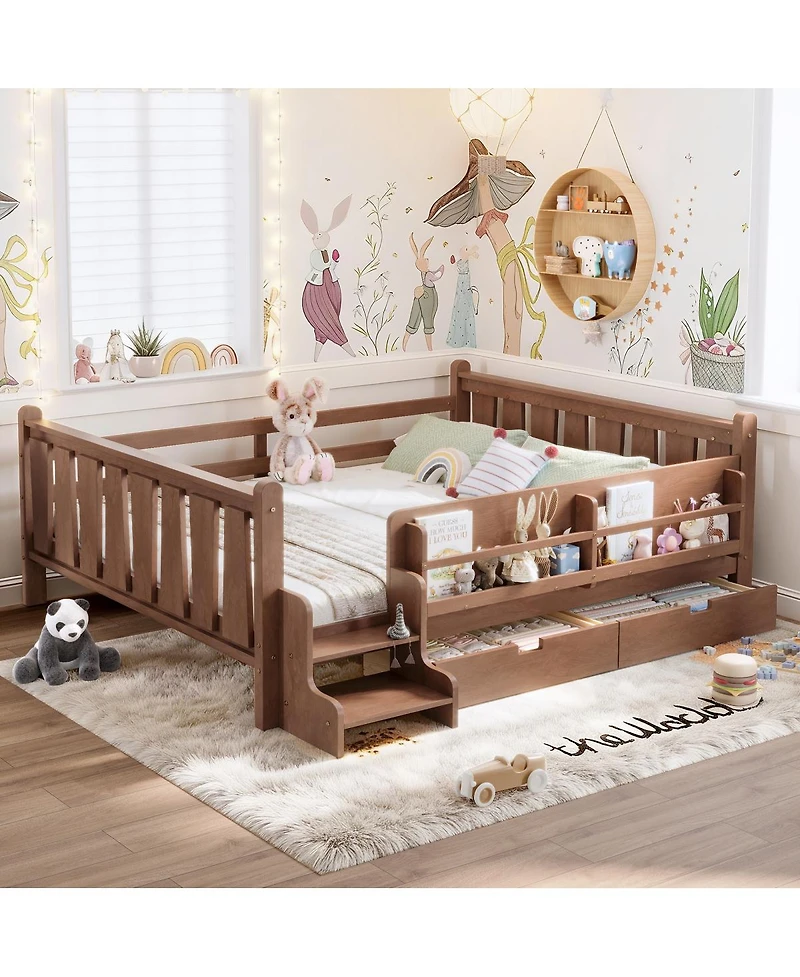 Streamdale Furniture Solid Wood Queen Floor Bed with Storage Bookcases, Drawers, and Stairs