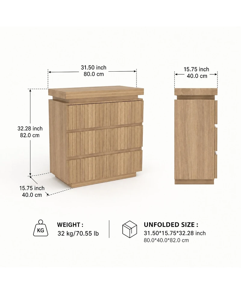homfan 3-Drawer Dresser with Fluted Design and Floating Top, Modern Chest for Bedroom Entryway Small Spaces