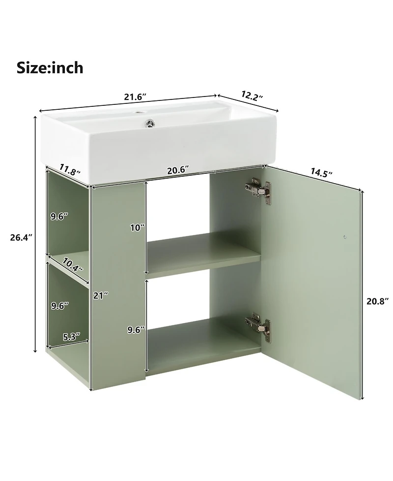 Phying 21.6 Inch Wall Mounted Floating Bathroom Vanity Modern Storage Cabinet with Ceramic Basin and Left Side Storage for Small Bathrooms
