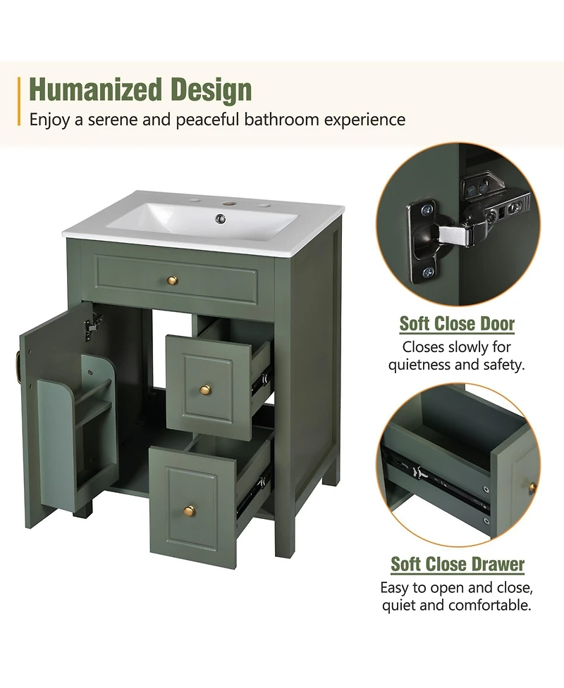 Phying 24 Inch Bathroom Vanity with Ceramic Sink Modern Freestanding Bathroom Cabinet with 2 Soft Close Drawers and Double Door Storage Racks