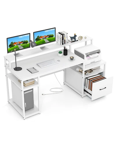 Slickblue 67 Inch Computer Desk with Monitor Stand and File Drawer