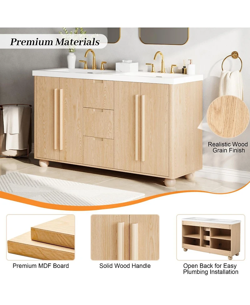Sillysis 59 Inch Double Sink Bathroom Vanity with Resin Top, Wood Grain Freestanding Cabinet, Soft Close Drawers, Adjustable Shelves