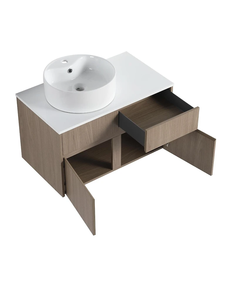 Sillysis 31.5 Inch Wall Mounted Bathroom Vanity with Round Ceramic Sink, Storage Drawers and Wood Grain Finish for Modern Bathrooms