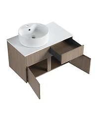 Sillysis 31.5 Inch Wall Mounted Bathroom Vanity with Round Ceramic Sink, Storage Drawers and Wood Grain Finish for Modern Bathrooms