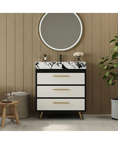 Sillysis Freestanding Bathroom Vanity with Sintered Stone Top, Ceramic Sink, Soft-Close Drawers, Modern Storage Cabinet-Sillysis