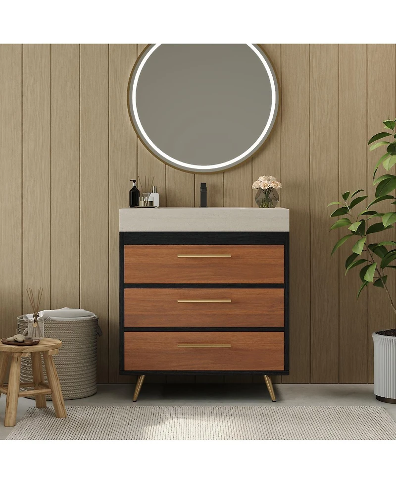 Sillysis Freestanding Bathroom Vanity with Sintered Stone Top, Ceramic Sink, Soft-Close Drawers, Modern Storage Cabinet-Sillysis