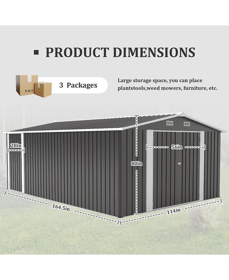 Mondawe 10 x 14 feet Outdoor Metal Storage Shed with 3 Lockable Doors Vents Sloped Roof