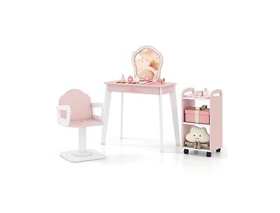 Slickblue Wooden Kids Pretend Hair Salon Set with Led Lighted Mirror and Tools