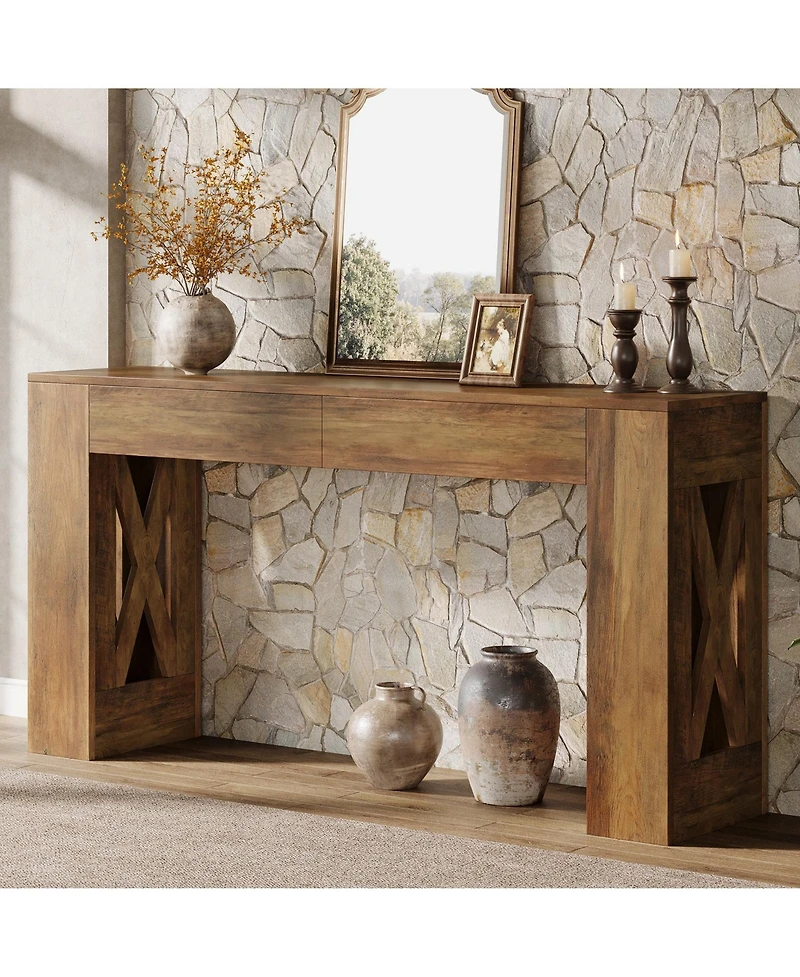 Slickblue Sofa Console Table with 2 Drawers and X-Shaped Legs, Narrow Design