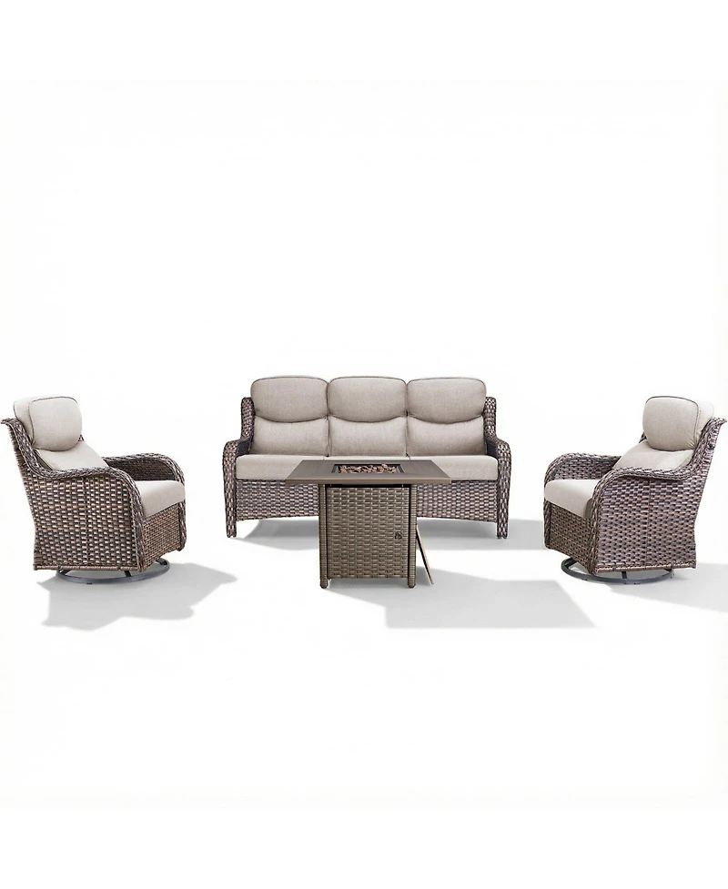 Pocassy 4 Pieces Patio Furniture Set with Fire Pit High Back Outdoor 5-inch Cushions Wicker Swivel Rocker Chairs