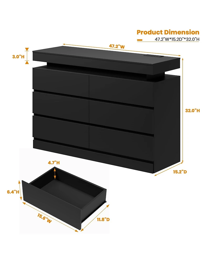 homfan 47" 6-Drawer Dresser with Led Light and Charging Station, Storage Chest for Bedroom Living Room