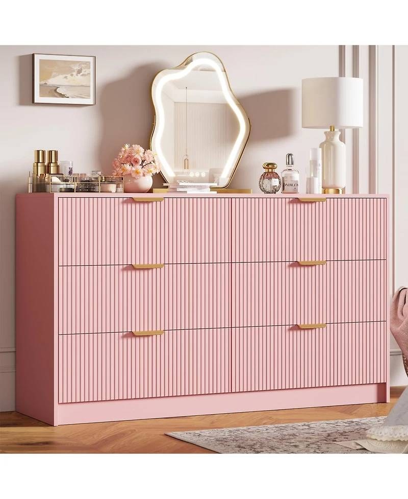 homfan 54" Fluted 6-Drawer Dresser with Handles, Modern Storage Chest for Bedroom and Living Room, Multiple Finishes
