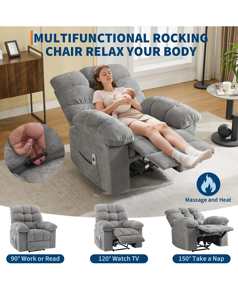 homfan Ergonomic Rocking Recliner with Massage and Heat, Wide Padded Breathable Upholstery, Dual Side Pockets and Remote for Living Room and Bedroom
