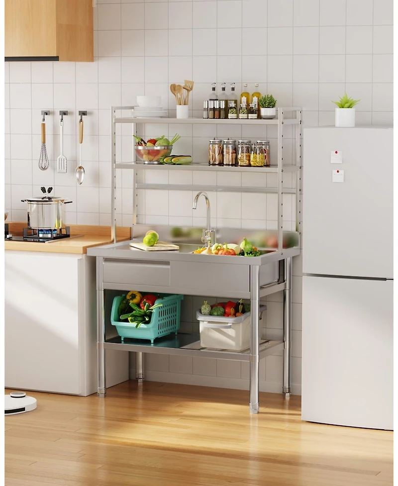 Aecojoy Stainless Steel Utility Sink with Shelves, Free Standing Single Bowl Commercial Kitchen Sinks