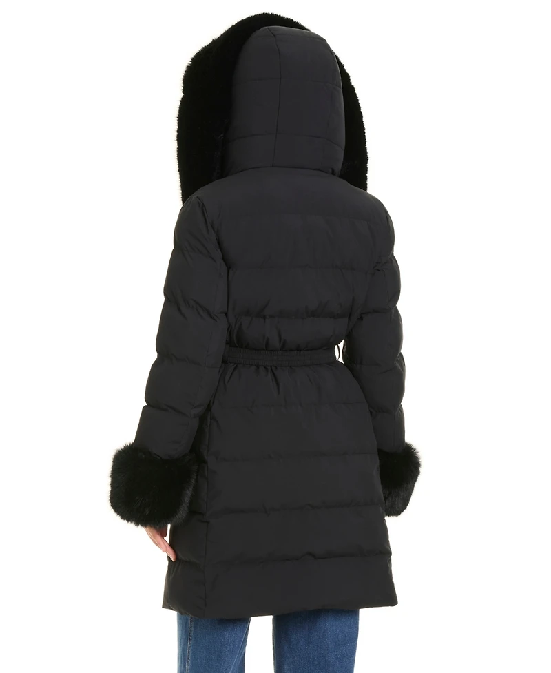 Kate Spade New York Women's Faux-Fur Arm Cuff Hooded Puffer Coat