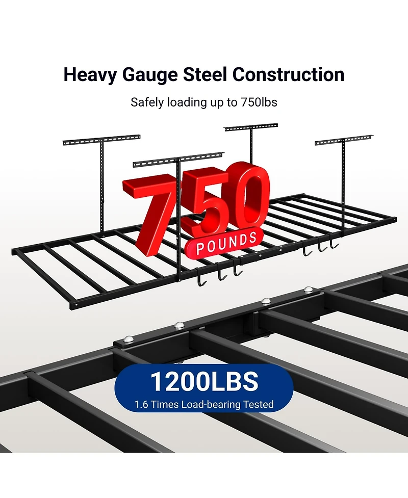Fleximounts 4x8ft Overhead Garage Storage Rack with 6 Hooks, 22.6" -39.4" Ceiling Dropdown, Lite Series