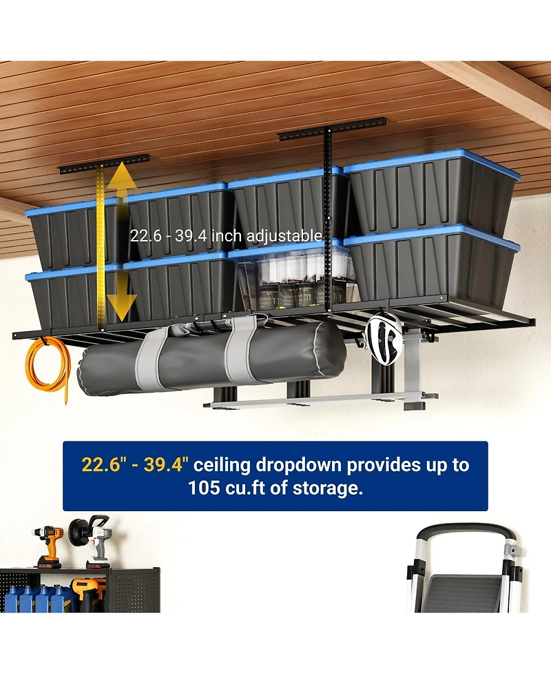 Fleximounts 2 Pack 4x8ft Overhead Garage Storage Rack with 6 Hooks, 22.6" -39.4" Ceiling Dropdown, Lite Series