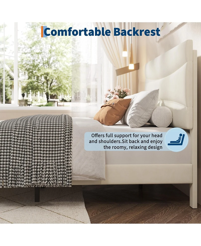 homfan Upholstered Platform Bed Frame with Curved Headboard, Wood Slat Support, Underbed Storage