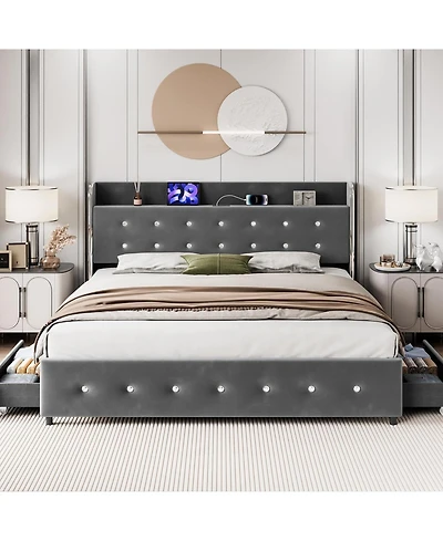 Streamdale Furniture homfan Bed Frame with Headboard Shelf and Charging Station and 4 Storage Drawers, Upholstered Platform Bed Frame