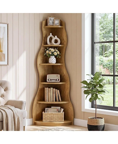 Tribesigns 6-Tier Modern Wavy Corner Shelf, 68.9-Inch Wall Corner Display Bookshelf, Unique Tall Bookcase Storage Rack Plant Stand