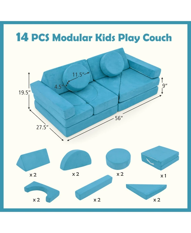 Gouun 14-Piece Modular Foam Play Couch with Velvet Suede Covers for Kids