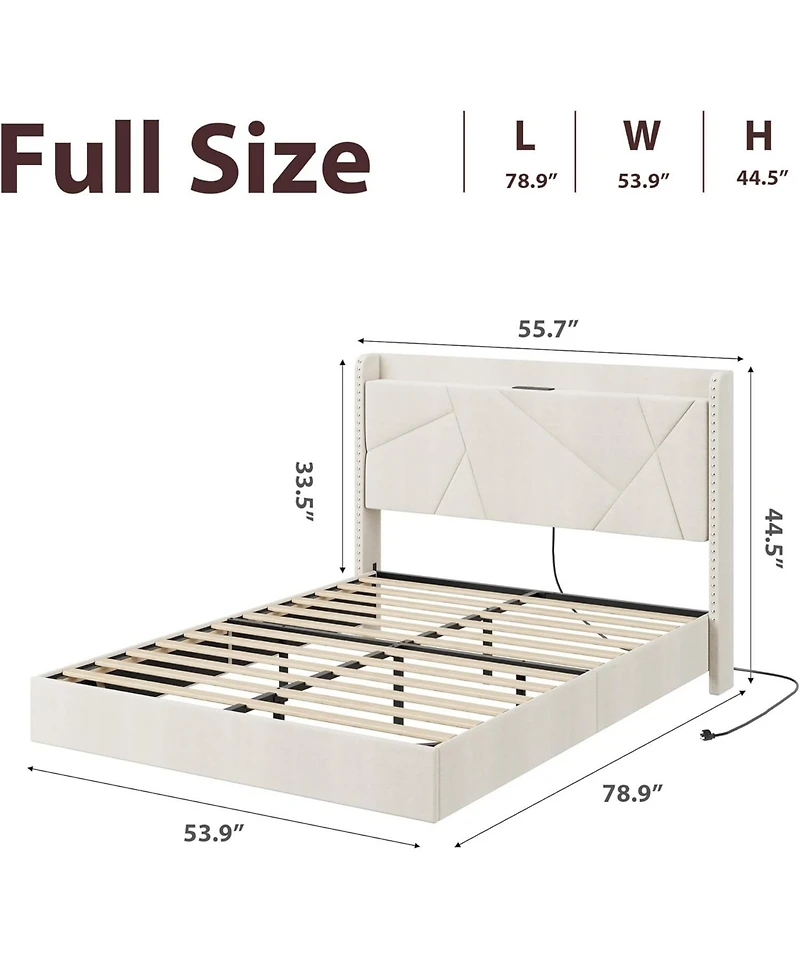 homfan Modern Floating Upholstered Platform Bed with Led Lights, Charging Station, Storage Headboard, Folding Shelves