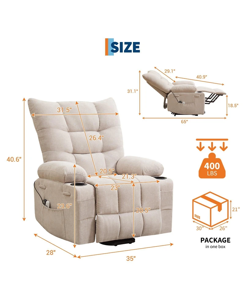 homfan Padded Power Lift Swivel Rocker for Elderly, Electric Stand-Assist Chair with Massage and Heat, Cup Holders Side Pocket Lounge Use