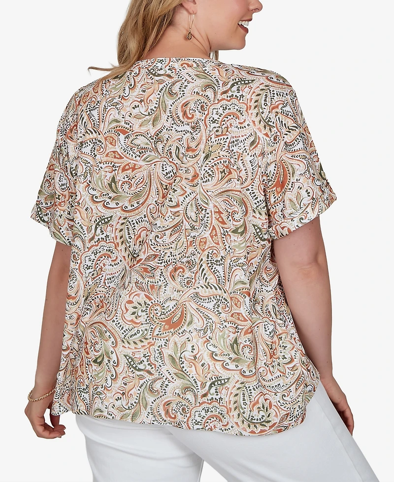 Hearts Of Palm Plus Printed Double-Button Slub Top