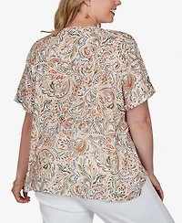 Hearts Of Palm Plus Printed Double-Button Slub Top