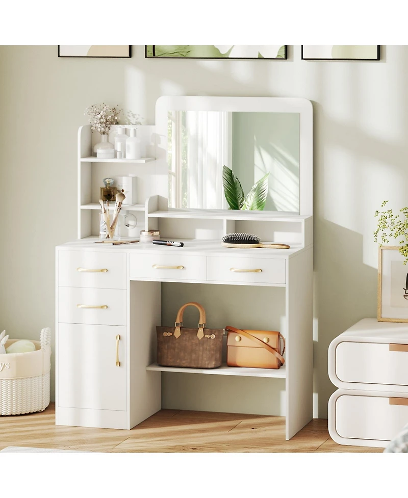 Slickblue Functional Vanity Desk with Mirror and Electrical Outlets for Bedroom