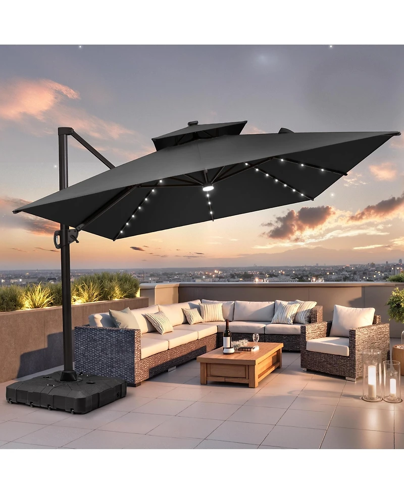 Pellebant Outdoor Patio 9x11 Ft Aluminum Double Canopy Solar Lights Cantilever Umbrella with Wheel Base