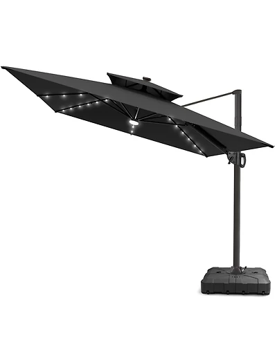 Pellebant Outdoor Patio 9x11 Ft Aluminum Double Canopy Solar Lights Cantilever Umbrella with Wheel Base