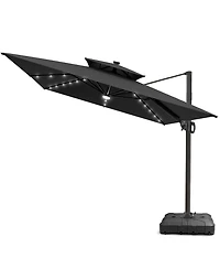 Pellebant Outdoor Patio 9x11 Ft Aluminum Double Canopy Solar Lights Cantilever Umbrella with Wheel Base