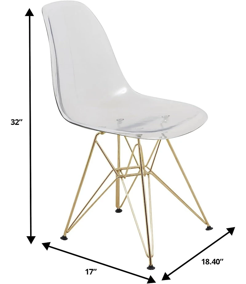 LeisureMod Cr2o Dining Chair Set of 2 Molded Acrylic with Gold Metal Eiffel Base and Curved Back Design Lightweight Accent Side Easy Assembly