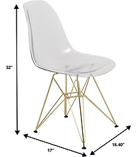 LeisureMod Cr2o Dining Chair Set of 2 Molded Acrylic with Gold Metal Eiffel Base and Curved Back Design Lightweight Accent Side Easy Assembly