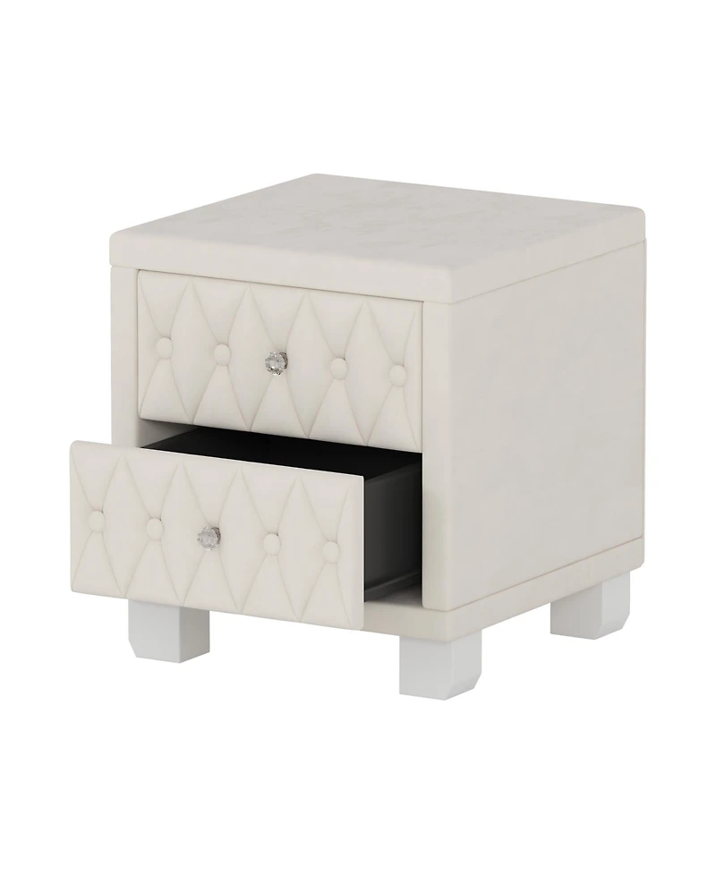 Rainsken Velvet Nightstand With 2 Storage Drawers, Modern Bedside Table With Diamond Tufted Design And Crystal Knobs For Bedroom, Living Room